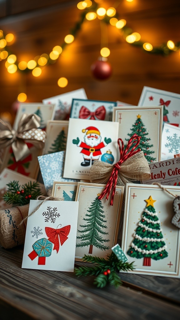 A display of retro Christmas cards with vintage designs on a rustic wooden table, surrounded by festive decorations.